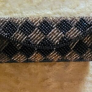 Vintage Lancome  black and gold beaded lipstick case holder with Mirror